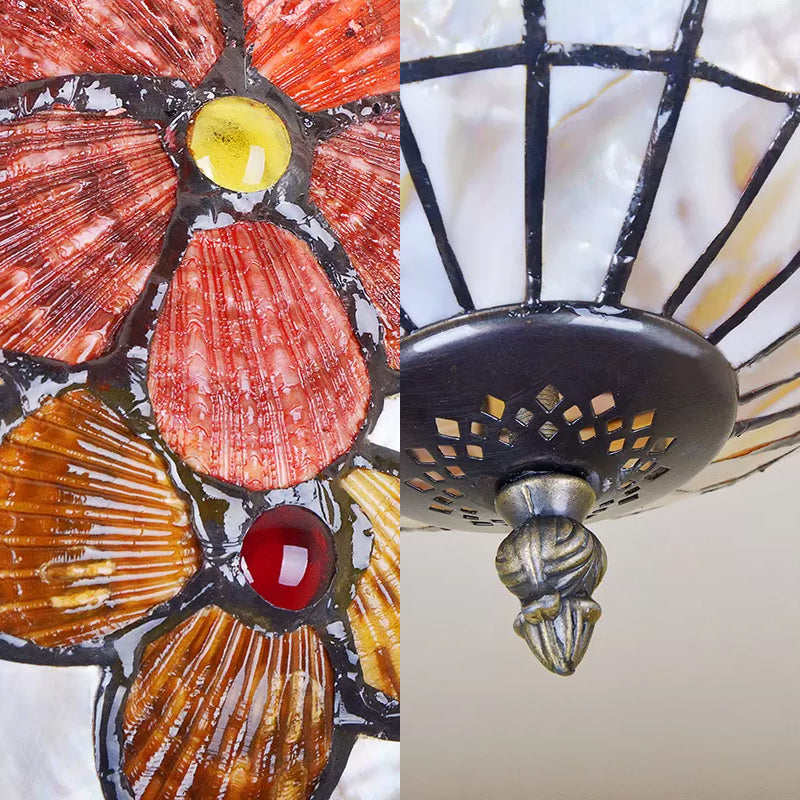 LED Bedroom Ceiling Light - Tiffany Style Floral Semi Flush in Aged Brass with Art Glass Shade