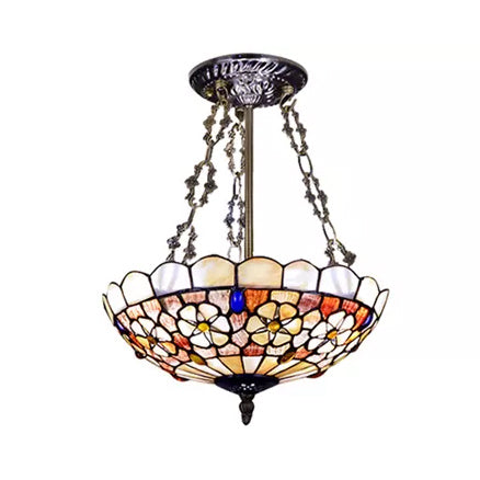 Modern LED Bedroom Ceiling Light - 3-Light Semi Flush Mount in Aged Brass with Tiffany-Style Art Glass Shade