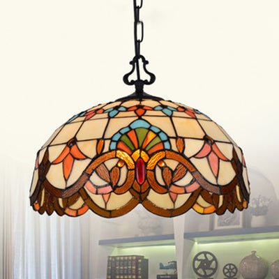 Victorian Stained Glass Pendant Light With Hanging Chain - Single Domed Ceiling Lighting Orange