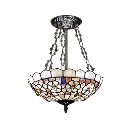 Modern LED Bedroom Ceiling Light - 3-Light Semi Flush Mount in Aged Brass with Tiffany-Style Art Glass Shade