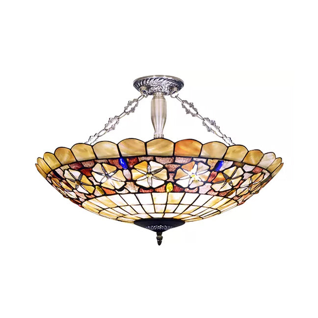 Modern LED Bedroom Ceiling Light - 3-Light Semi Flush Mount in Aged Brass with Tiffany-Style Art Glass Shade