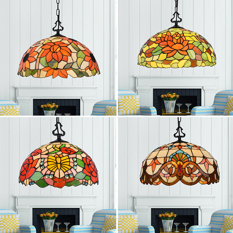 Tiffany-Style Stained Glass Pendant Light Fixture - Black With Victorian/Butterfly/Sunflower Pattern