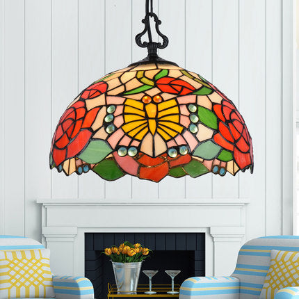 Tiffany-Style Stained Glass Pendant Light Fixture - Black With Victorian/Butterfly/Sunflower Pattern