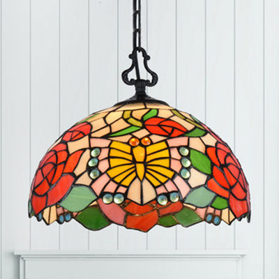 Tiffany-Style Stained Glass Pendant Light Fixture - Black With Victorian/Butterfly/Sunflower Pattern