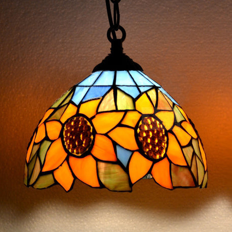 Victorian Sunflower Hanging Lamp - Orange Stained Glass 1 Bulb Suspension Light For Bedroom