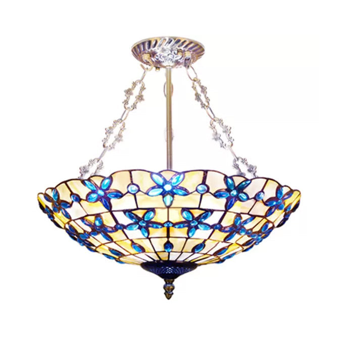 Antique Brass Stained Glass Ceiling Light With 5 Rods - Tiffany Style For Bedroom Blue / 19.5