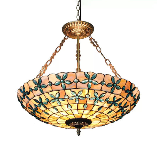 Antique Brass Stained Glass Ceiling Light With 5 Rods - Tiffany Style For Bedroom Blue / 23.5