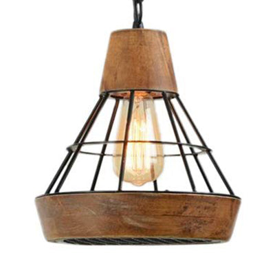 Rustic Wood And Metal Diamond Cage Pendant Lamp - Single Light Hanging For Kitchen Brown