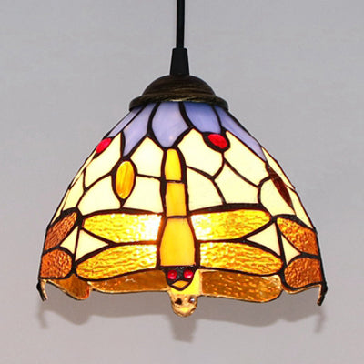 Dragonfly Stained Glass Ceiling Lamp With Domed Suspension - Classic 1-Bulb Hanging Light In Orange