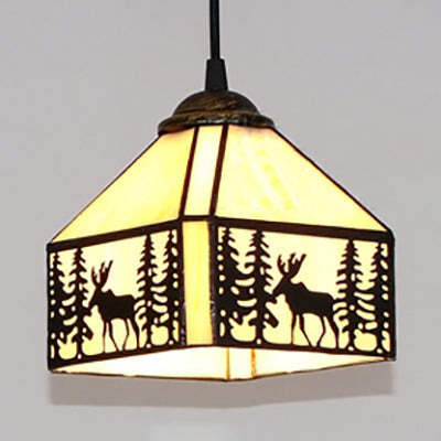 Lodge Style Deer Suspension Light - Beige Glass Pendant For Dining Room