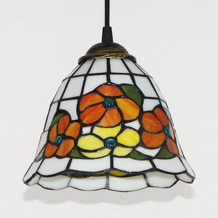 Tiffany Style Beige Stained Glass Pendant Lamp with Floral Design - Single Head Hanging Light Kit