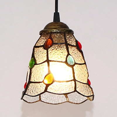 Tiffany Glass Trumpet Ceiling Lamp: Clear Hand-Cut With Colorful Bead Pendant