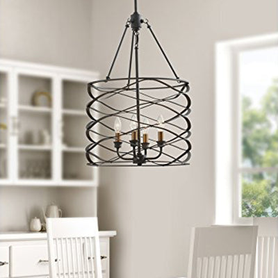 Industrial Iron Cage Shade Hanging Lamp – Black, Cylindrical Design – 4 Bulb Chandelier for Dining Room