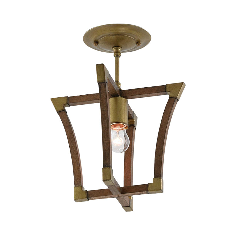 Rustic Wood Interlocking Trapezoid Cage Semi Flush Mount Ceiling Light