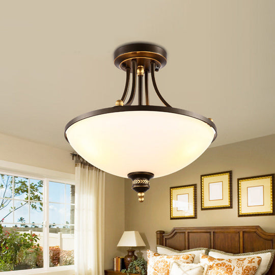 Classic Bowl Shade Semi Flush Light Fixture - 3 Bulbs, Cream Glass, Black Finish