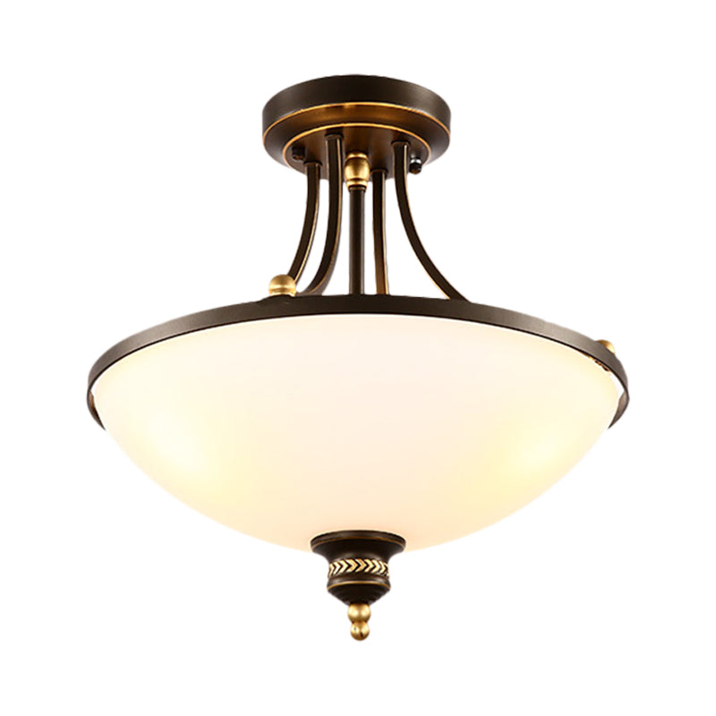 Classic Bowl Shade Semi Flush Light Fixture - 3 Bulbs, Cream Glass, Black Finish