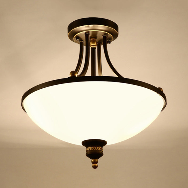 Classic Bowl Shade Semi Flush Light Fixture - 3 Bulbs Cream Glass Black Finish