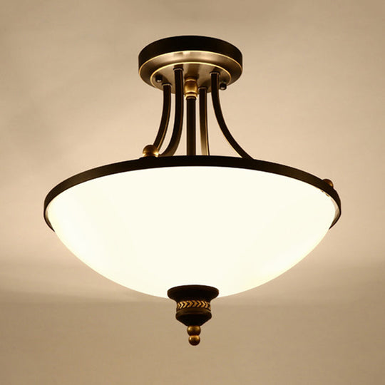 Classic Bowl Shade Semi Flush Light Fixture - 3 Bulbs Cream Glass Black Finish