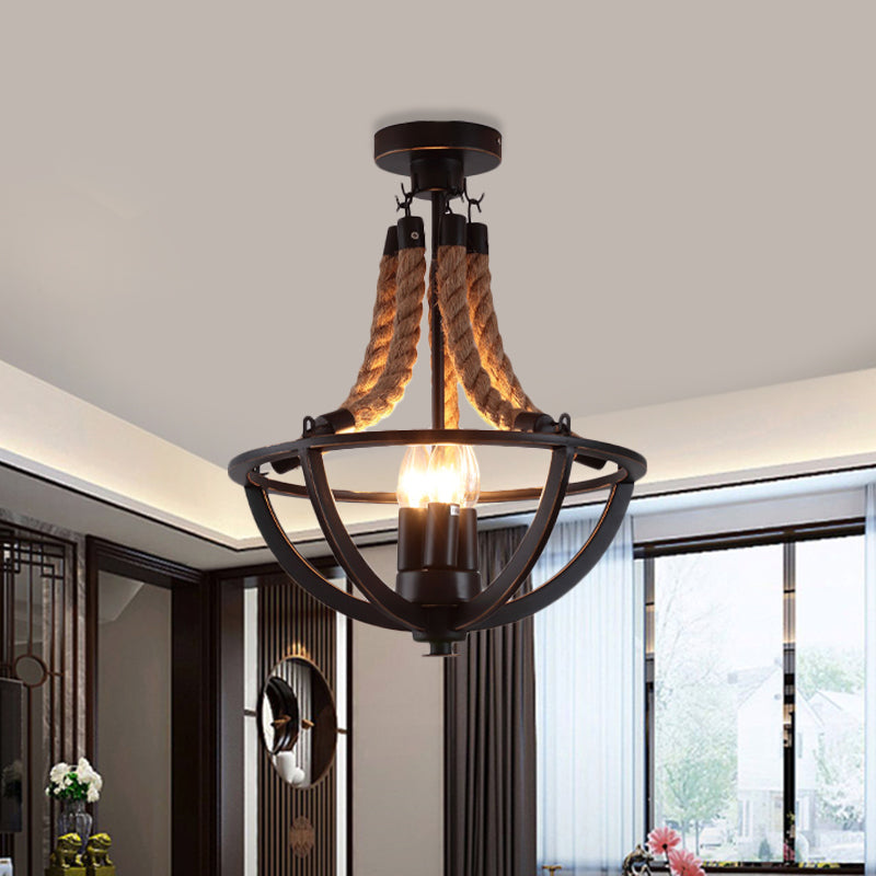 Farmhouse Iron Black Semi Flush Dome Cage Chandelier with 3-Bulb Ceiling Mount and Rope Cord