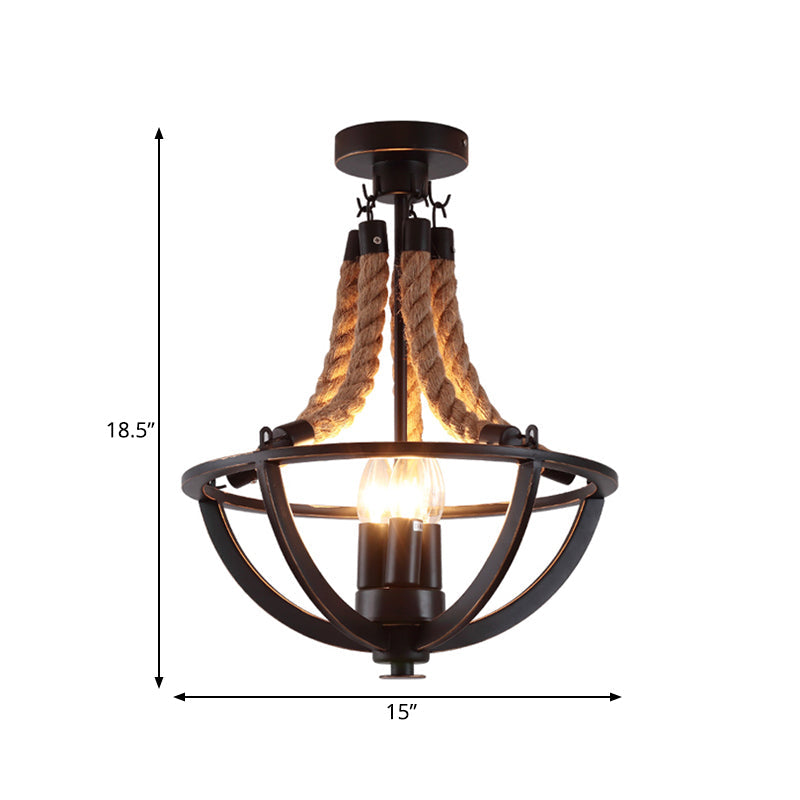 Farmhouse Iron Black Semi Flush Dome Cage Chandelier with 3-Bulb Ceiling Mount and Rope Cord