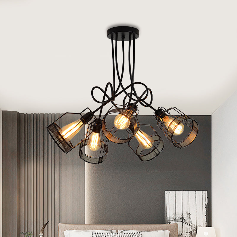 Sleek Black 5-Head Semi Flush Mount Industrial Iron Chandelier with Cluster-Bottle Frame Ceiling Light