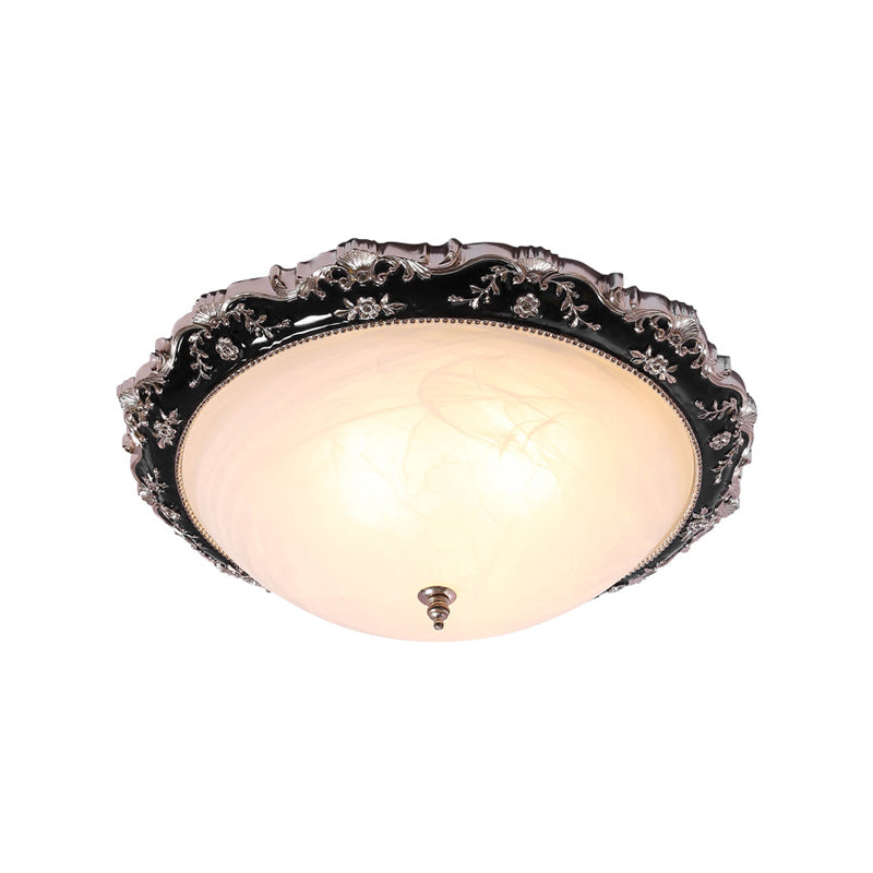 Opal Glass Bowl Ceiling Light Fixture Countryside Flush Mount Lighting In Black/Gold - 1/2-Bulb