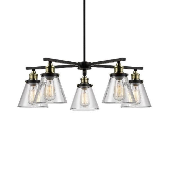 Vintage 5-Light Cone Shade Chandelier: Clear Glass Pendant Lighting For Dining Room Black Finish