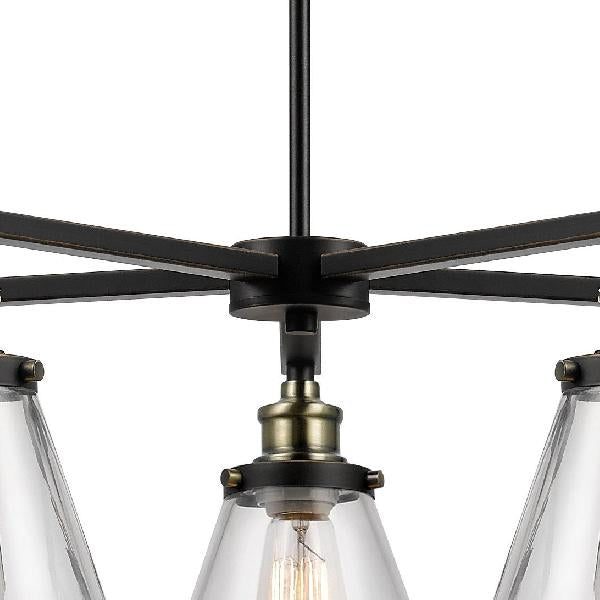 Vintage 5-Light Cone Shade Chandelier: Clear Glass Pendant Lighting For Dining Room Black Finish