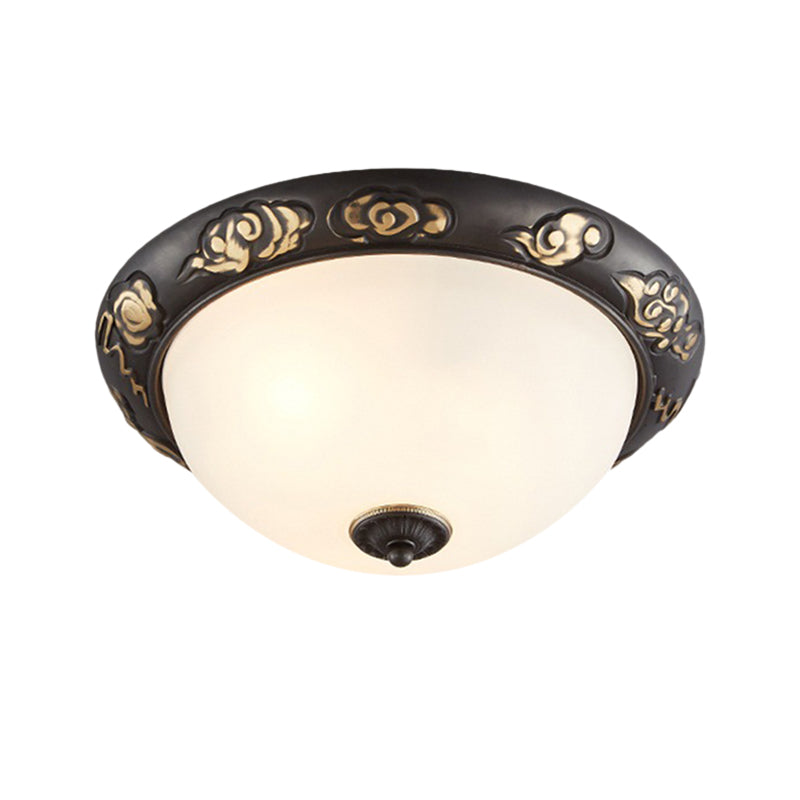 Retro Flush Mount Ceiling Lamp - 15/19.5 Milk Glass Black-Gold Dome Shape 3/4 Lights Bedroom Fixture