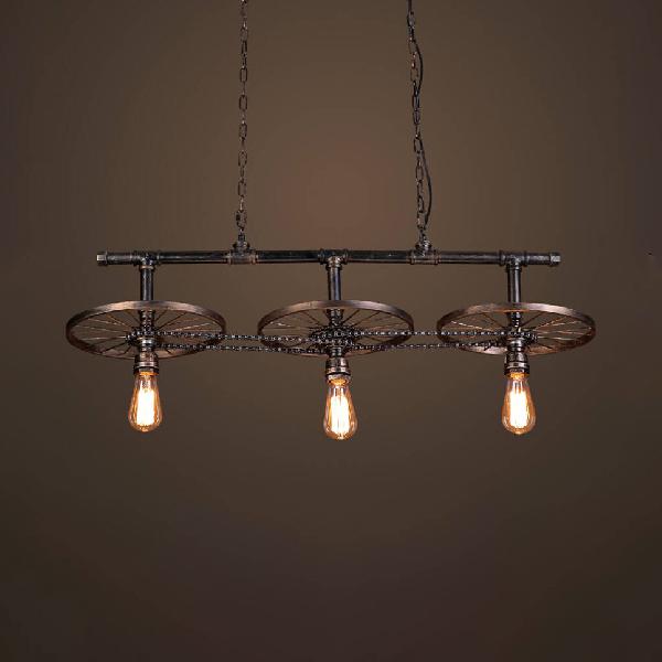 Metallic Island Pendant Light With Industrial Bare Bulb Design - 3 Lights & Wheel Decor In Bronze