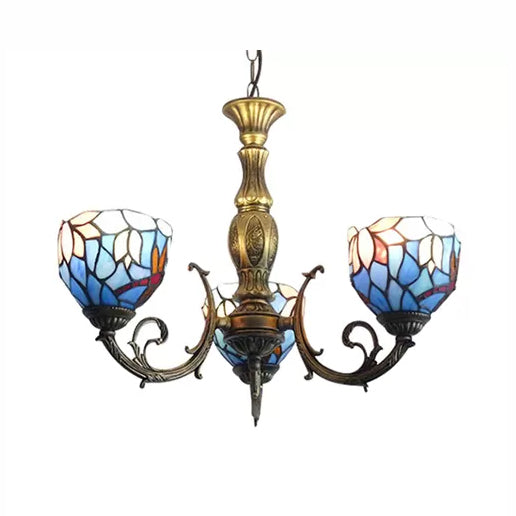 Tiffany Style 3-Light Chandelier with Art Glass Bell Shades in Aged Brass for Living Rooms