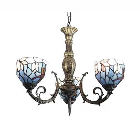 Tiffany Style 3-Light Chandelier with Art Glass Bell Shades in Aged Brass for Living Rooms