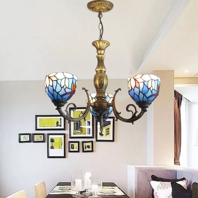 Tiffany Style 3-Light Chandelier with Art Glass Bell Shades in Aged Brass for Living Rooms