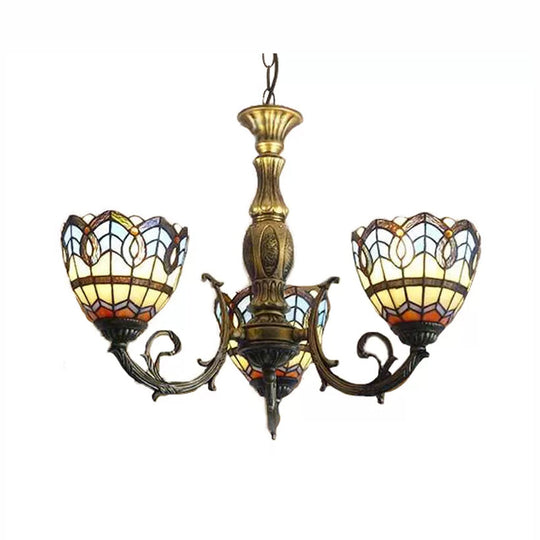 Tiffany Style 3-Light Chandelier with Art Glass Bell Shades in Aged Brass for Living Rooms