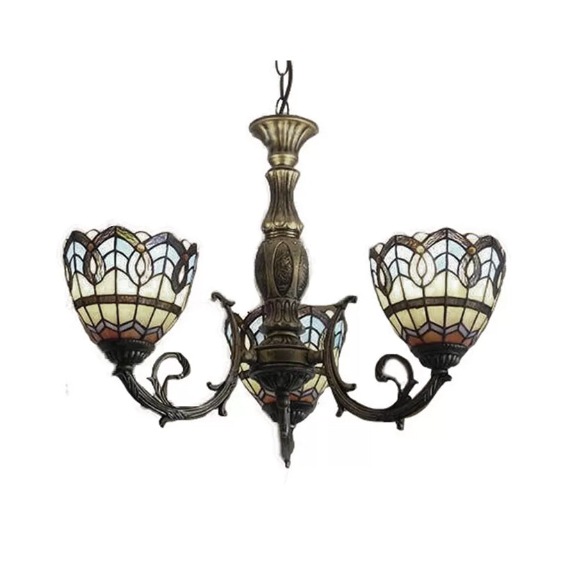 Tiffany Style 3-Light Chandelier with Art Glass Bell Shades in Aged Brass for Living Rooms