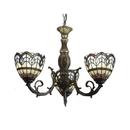 Tiffany Style 3-Light Chandelier with Art Glass Bell Shades in Aged Brass for Living Rooms