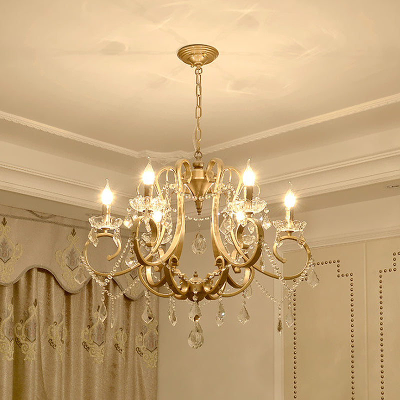 Gold Crystal Chandelier: Traditional 6-Bulb Scroll Light Fixture