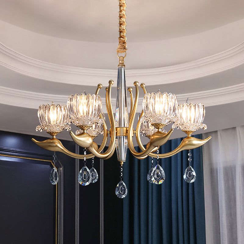 Lotus Shade 6-Light Pendulum Chandelier - Traditional Gold Finish With Clear Crystal Pendant