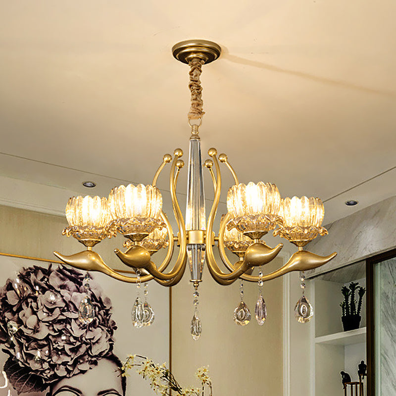 Lotus Shade Pendulum Chandelier - 6-Light, Traditional Gold Finish, Clear Crystal Pendant