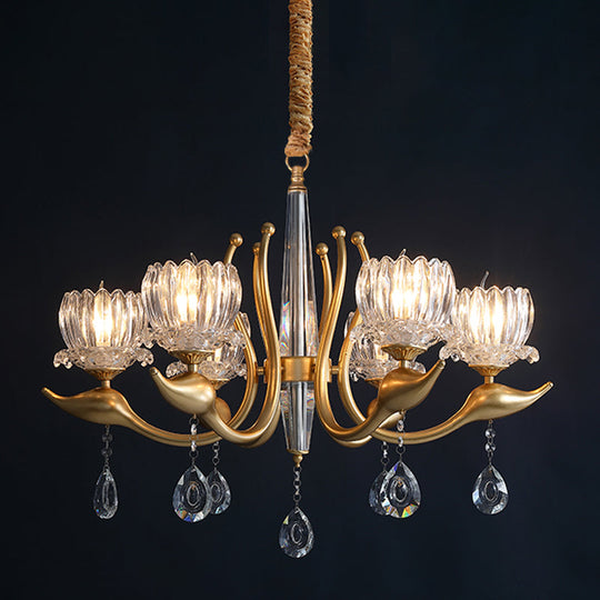 Lotus Shade Pendulum Chandelier - 6-Light, Traditional Gold Finish, Clear Crystal Pendant