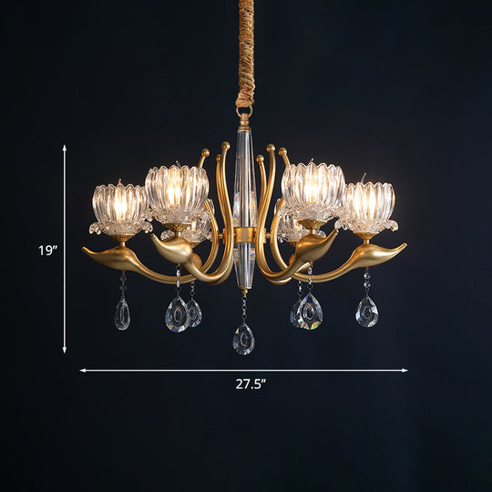 Lotus Shade Pendulum Chandelier - 6-Light, Traditional Gold Finish, Clear Crystal Pendant