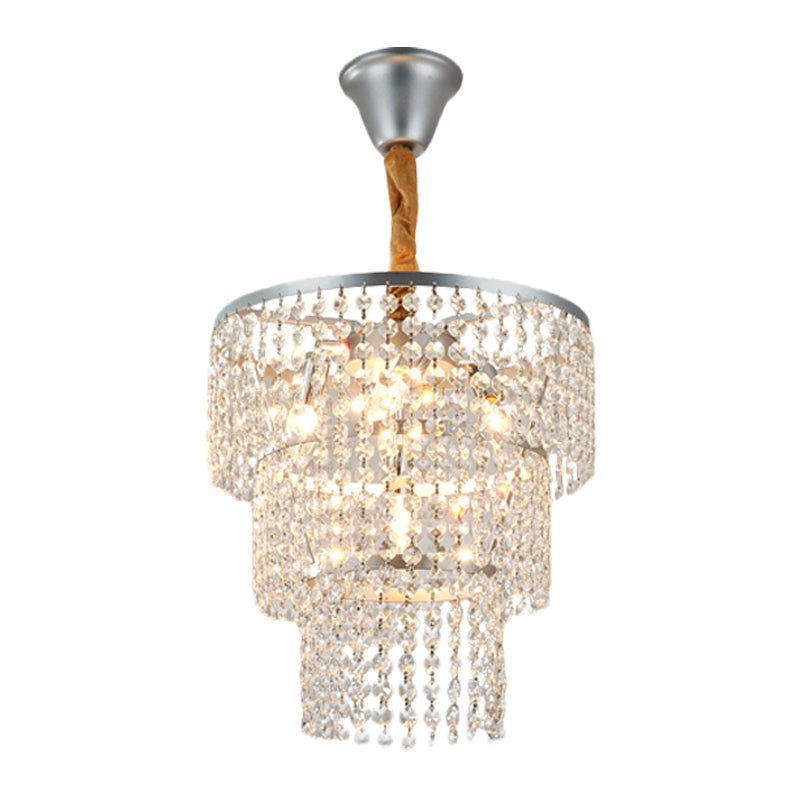 Modern Silver Chandelier with 3-Tier Crystal Strand Shade - Bedroom Suspension Light - 4 Lights