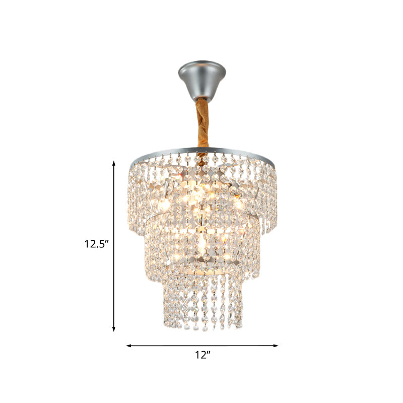 Modern Silver Chandelier with 3-Tier Crystal Strand Shade - Bedroom Suspension Light - 4 Lights