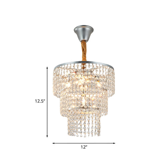 Modern Silver Chandelier with 3-Tier Crystal Strand Shade - Bedroom Suspension Light - 4 Lights