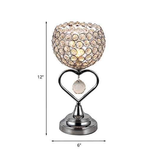 Modernist Crystal-Encrusted Chrome Domed Night Lamp With Loving Heart Detail - 1-Light Table Light