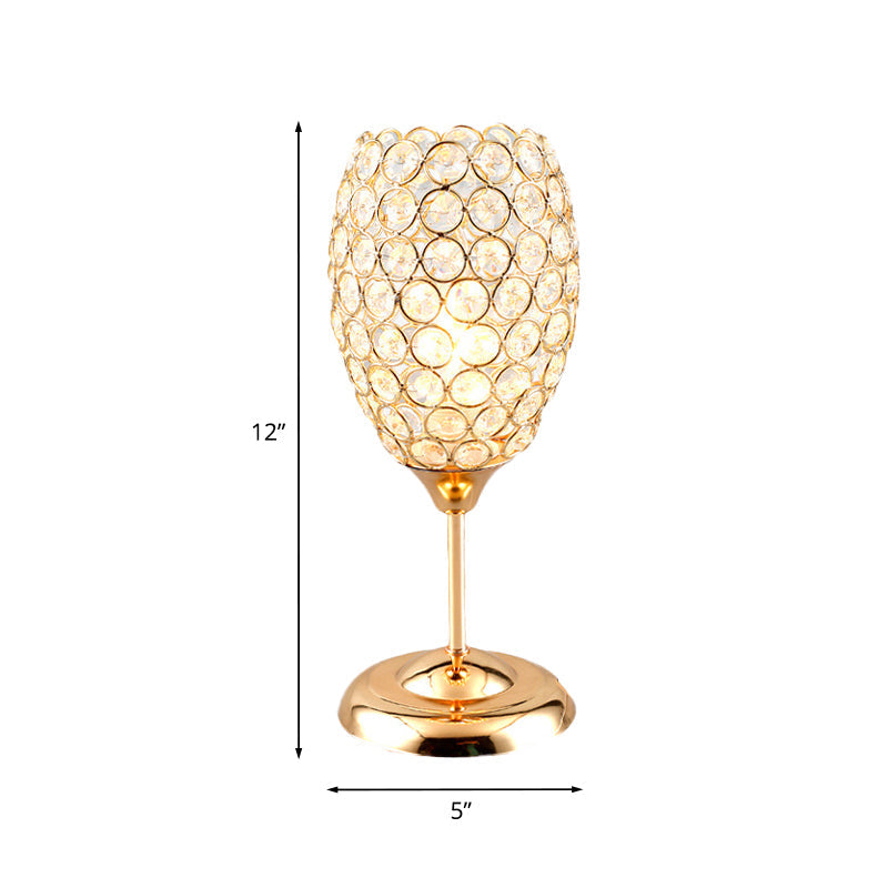 Modernist Crystal-Encrusted Bedside Lamp: Gold Cup-Shaped Night Table Light