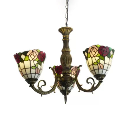 Tiffany Style 3-Light Chandelier with Art Glass Bell Shades in Aged Brass for Living Rooms