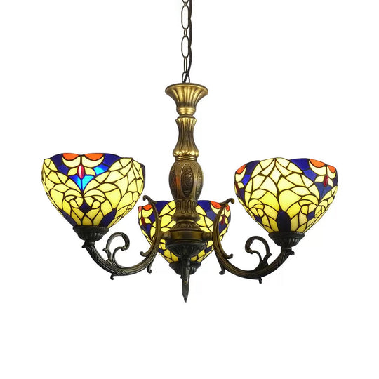 Tiffany Style 3-Light Chandelier with Art Glass Bell Shades in Aged Brass for Living Rooms