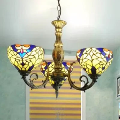 Tiffany Style 3-Light Chandelier with Art Glass Bell Shades in Aged Brass for Living Rooms