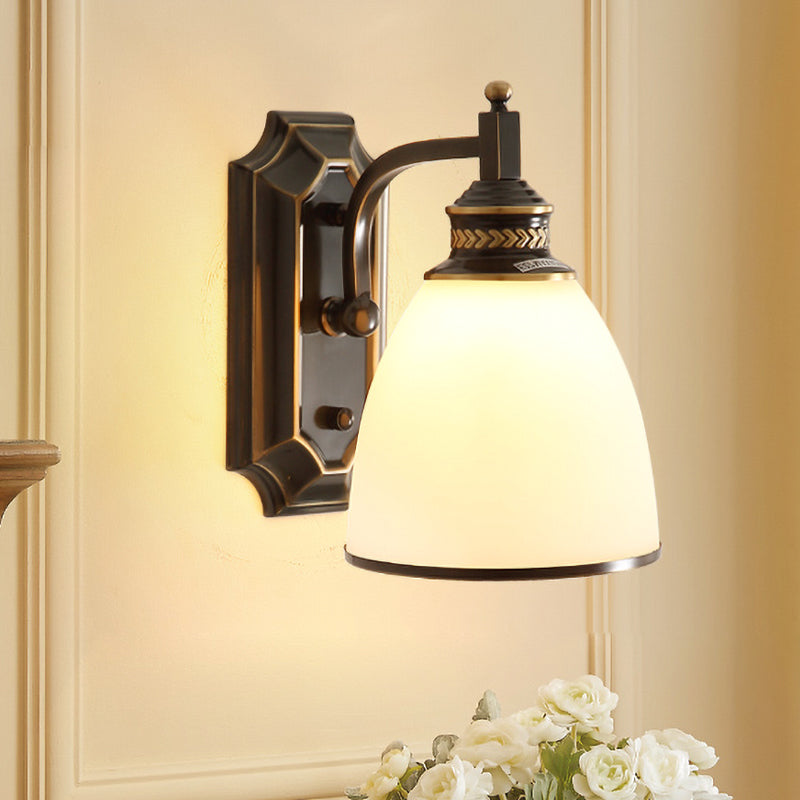 Bell-Shaped Opal Glass Sconce Lamp: Traditional Black And Gold Wall Lighting For Living Room